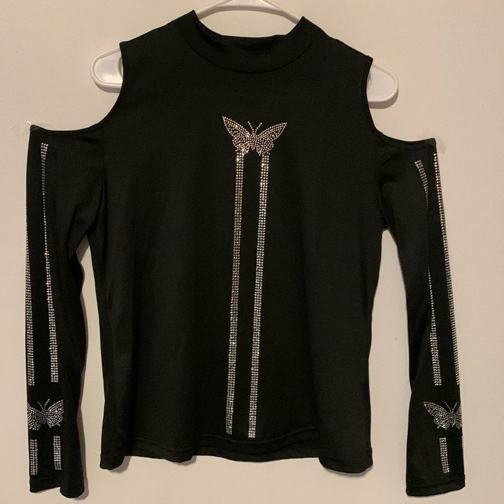 Black Cold Shoulder Rhinestone Blouse